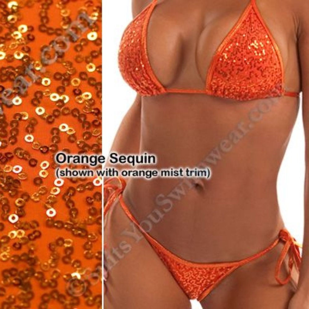 Neon Orange Sequin String Bikini w Scrunch Bottom